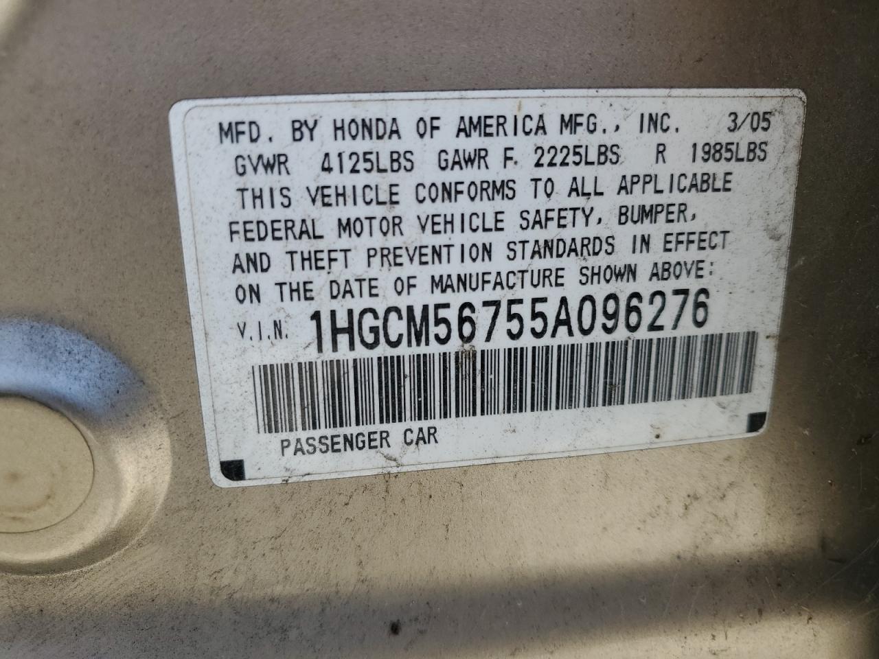 1HGCM56755A096276 2005 Honda Accord Ex