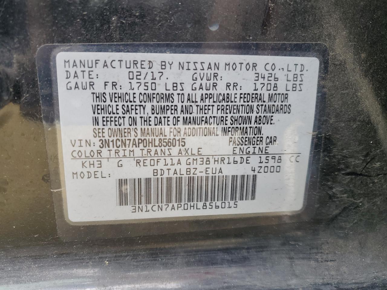 3N1CN7AP0HL856015 2017 Nissan Versa S