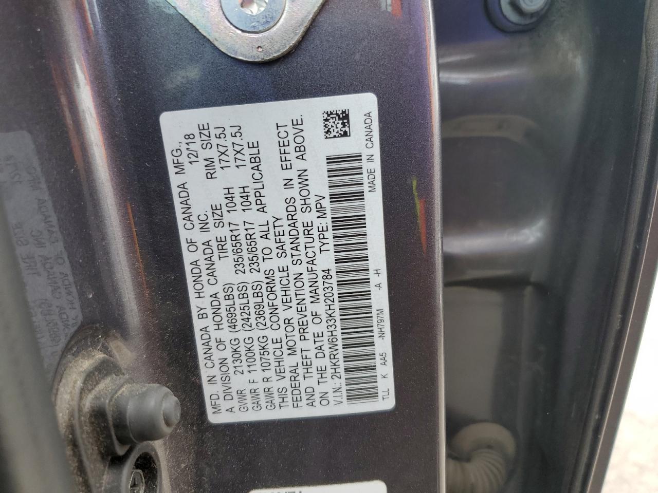 2HKRW6H33KH203784 2019 Honda Cr-V Lx