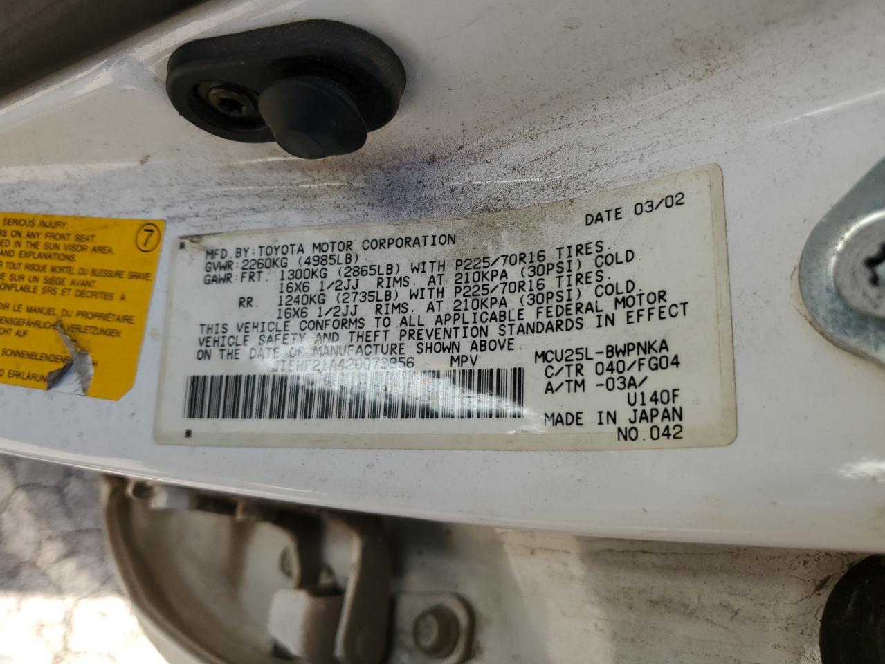 JTEHF21A420073956 2002 Toyota Highlander Limited