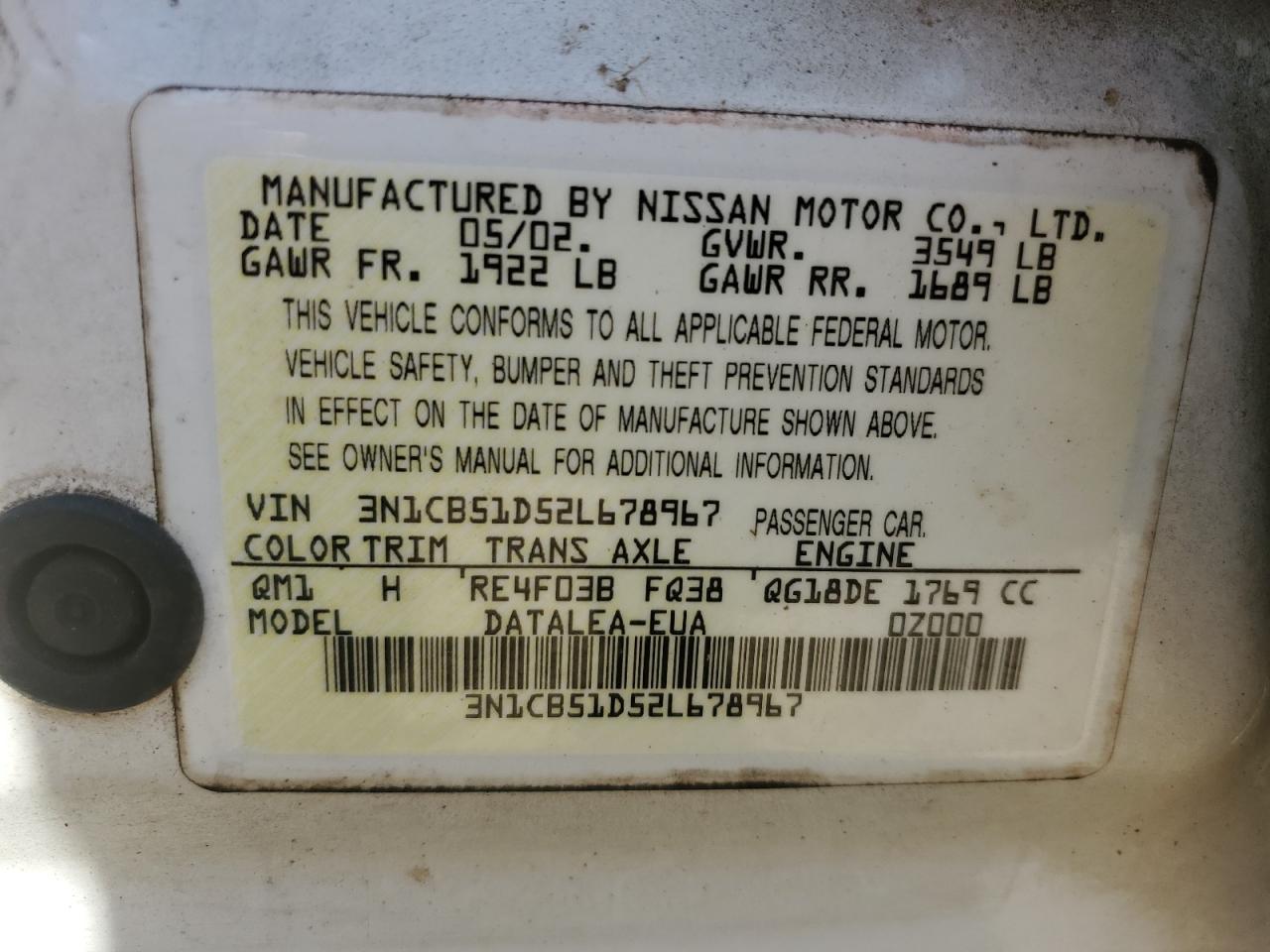 3N1CB51D52L678967 2002 Nissan Sentra Xe