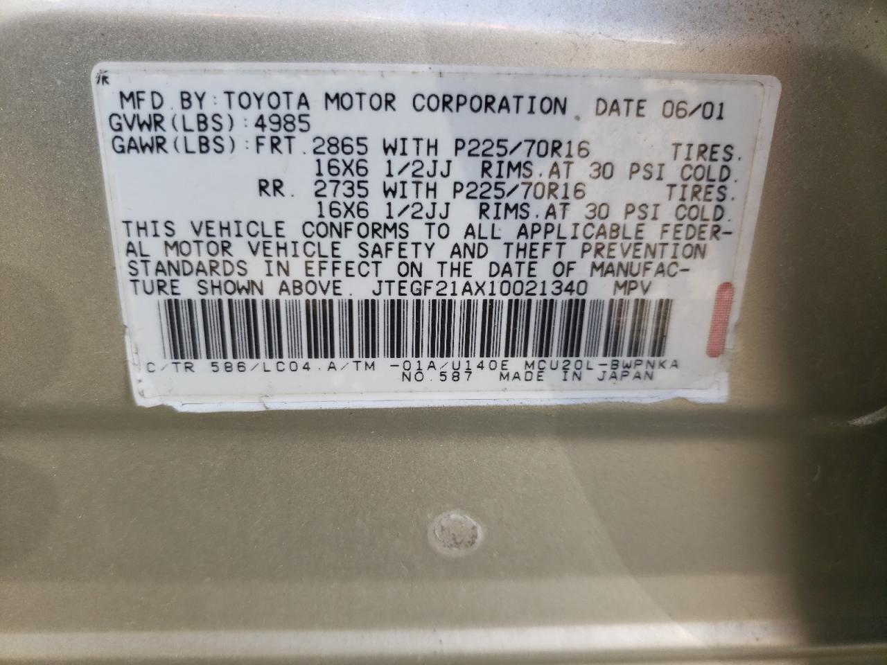 JTEGF21AX10021340 2001 Toyota Highlander