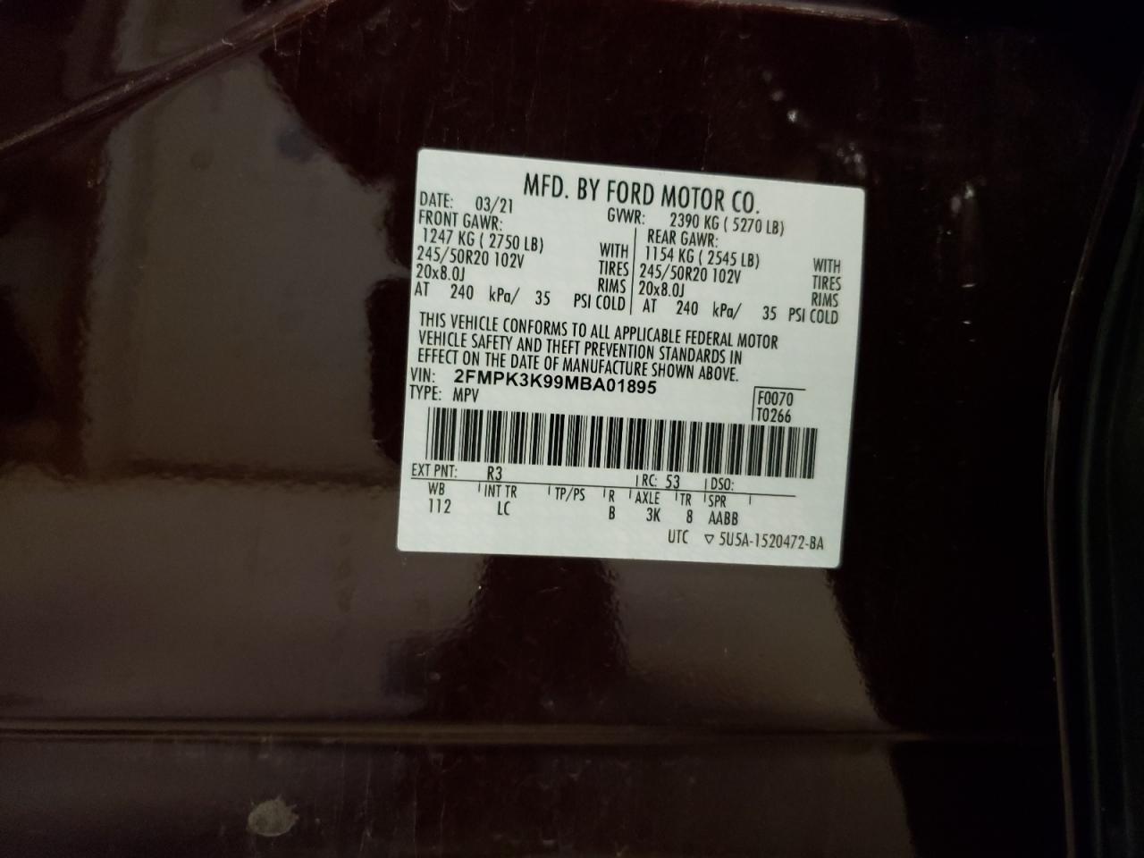 2FMPK3K99MBA01895 2021 Ford Edge Titanium