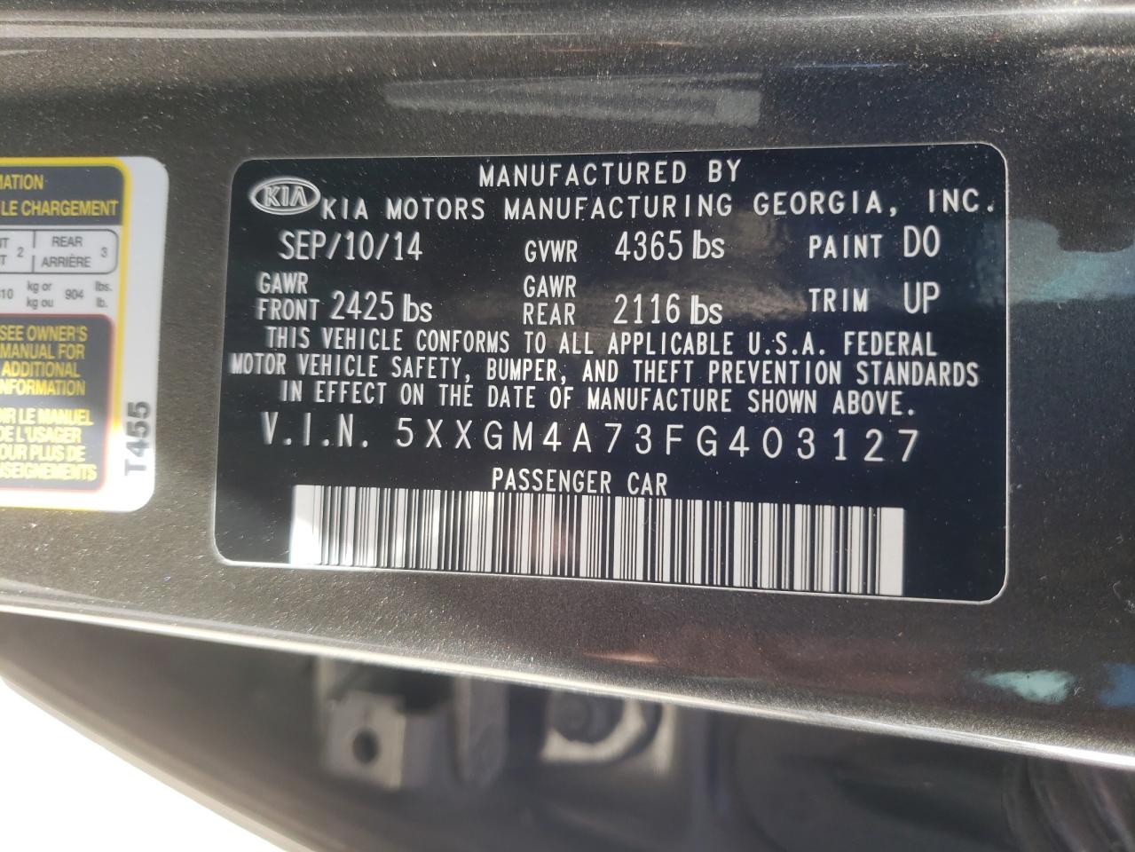 5XXGM4A73FG403127 2015 Kia Optima Lx