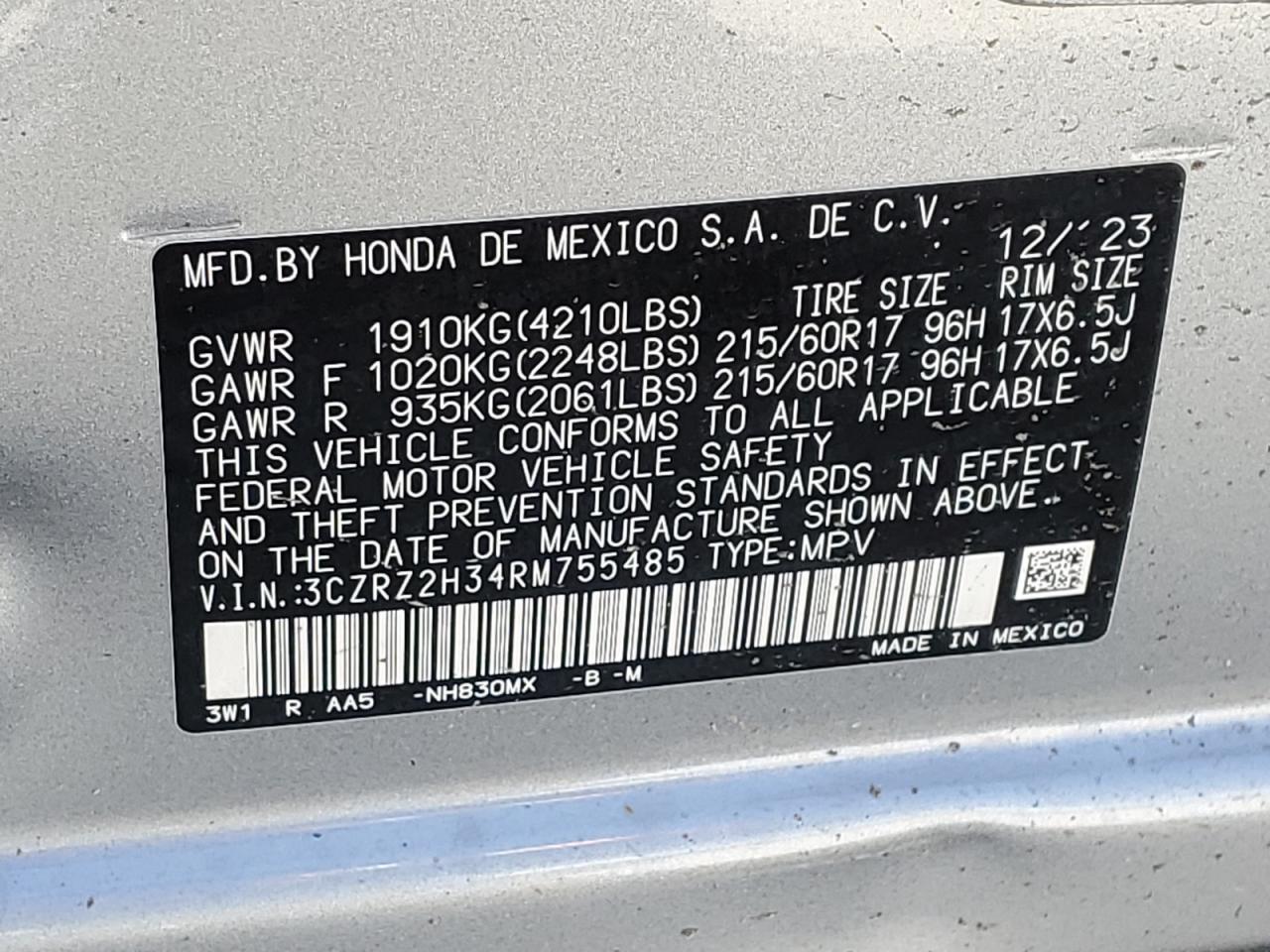 3CZRZ2H34RM755485 2024 Honda Hr-V Lx