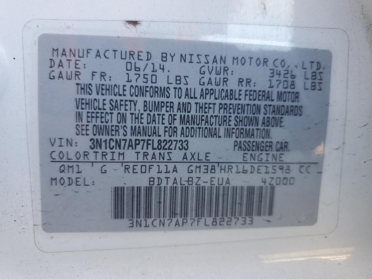 3N1CN7AP7FL822733 2015 Nissan Versa S