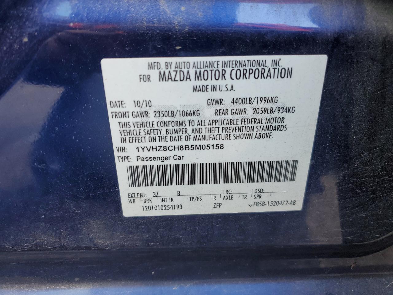 1YVHZ8CH8B5M05158 2011 Mazda 6 I