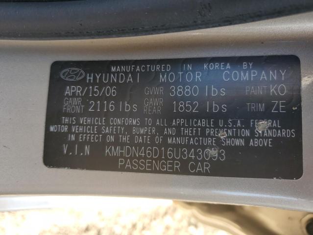 2006 Hyundai Elantra Gls VIN: KMHDN46D16U343093 Lot: 55198114