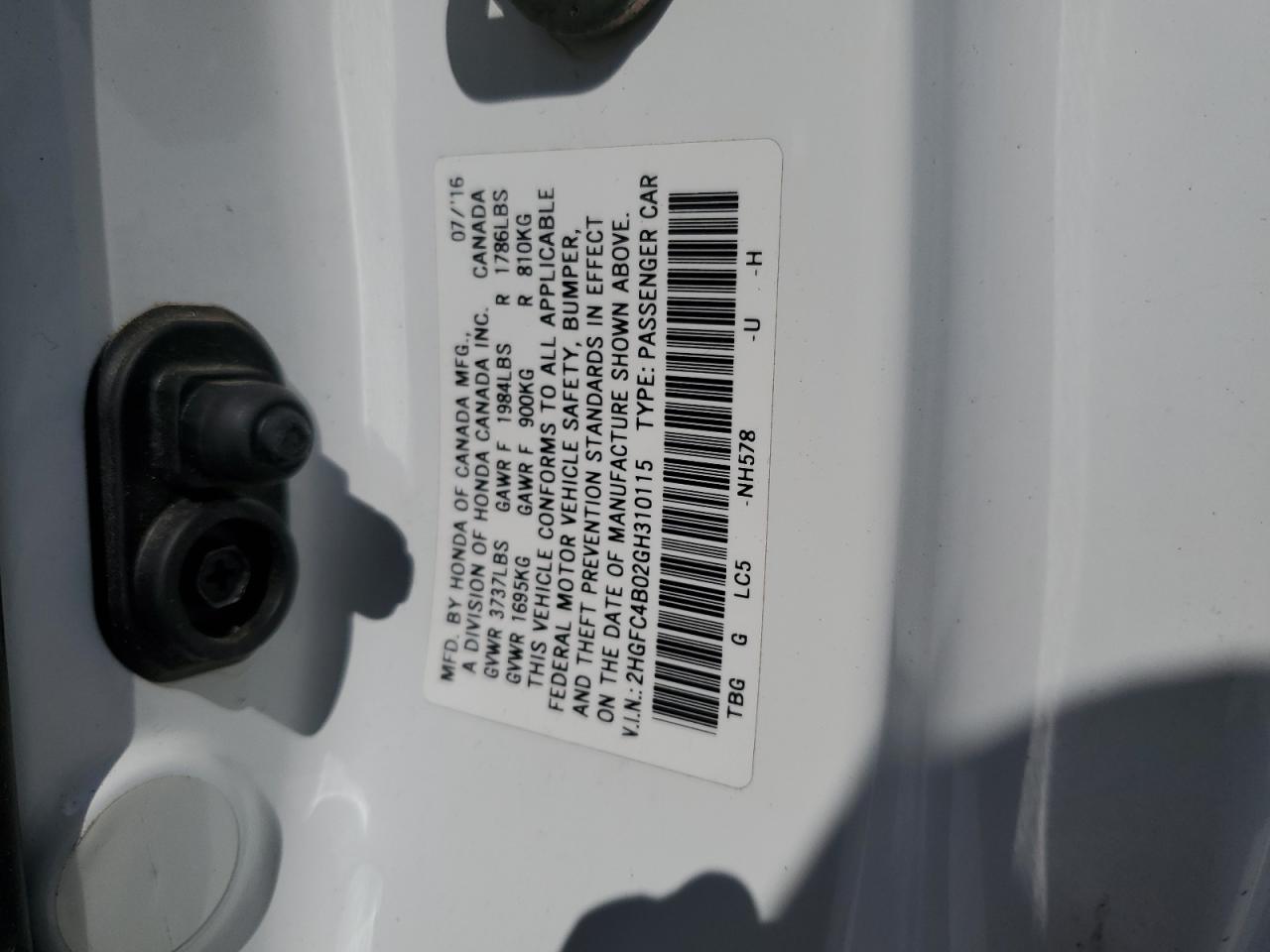 2HGFC4B02GH310115 HONDA CIVIC 2016