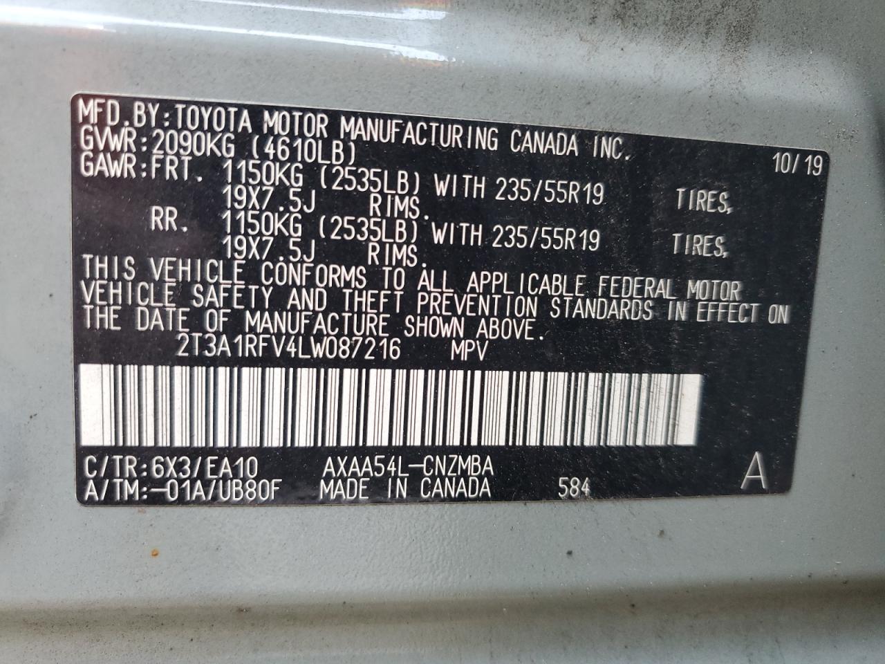 2T3A1RFV4LW087216 2020 Toyota Rav4 Xle Premium