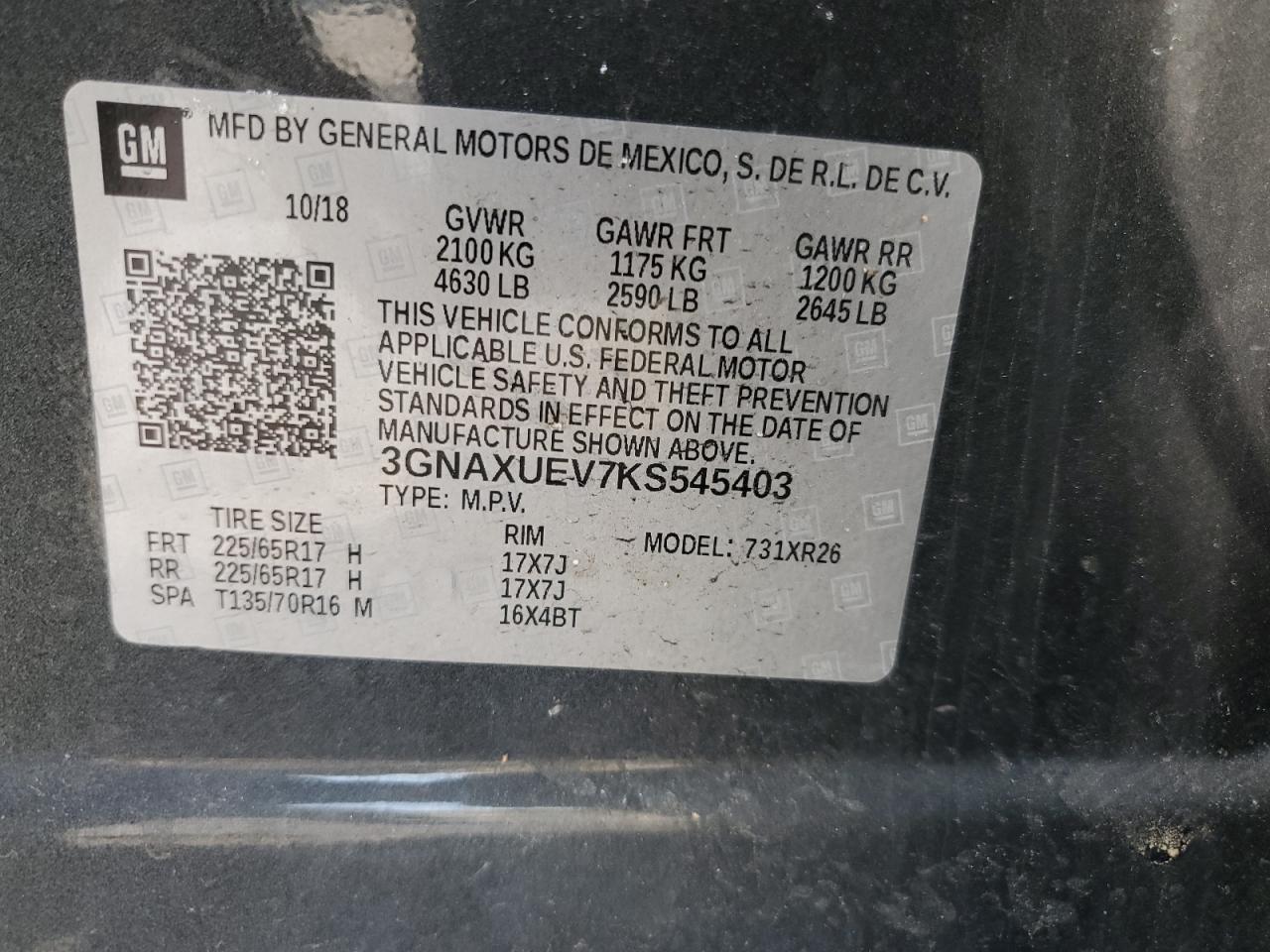 3GNAXUEV7KS545403 2019 Chevrolet Equinox Lt