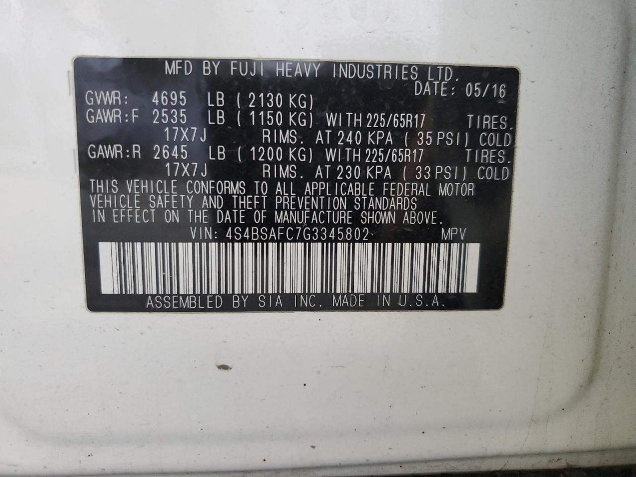 4S4BSAFC7G3345802 2016 Subaru Outback 2.5I Premium