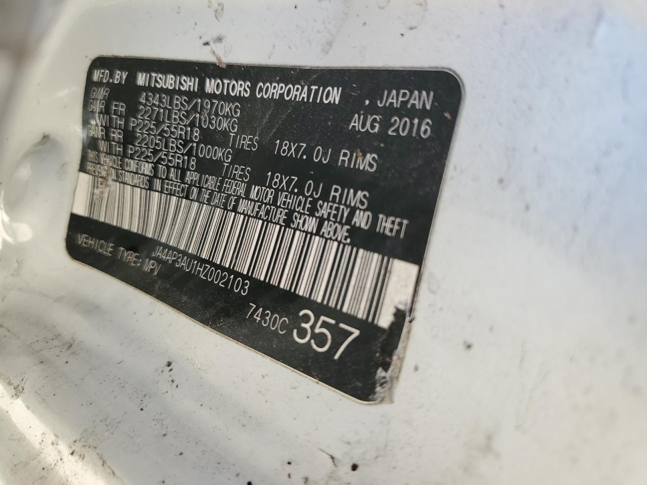 JA4AP3AU1HZ002103 2017 Mitsubishi Outlander Sport Es