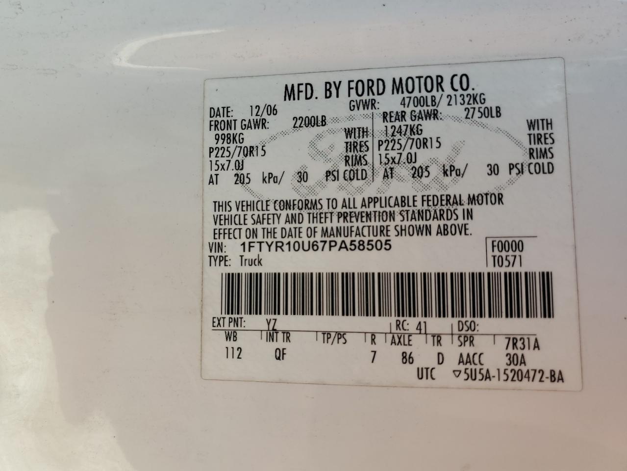 1FTYR10U67PA58505 2007 Ford Ranger