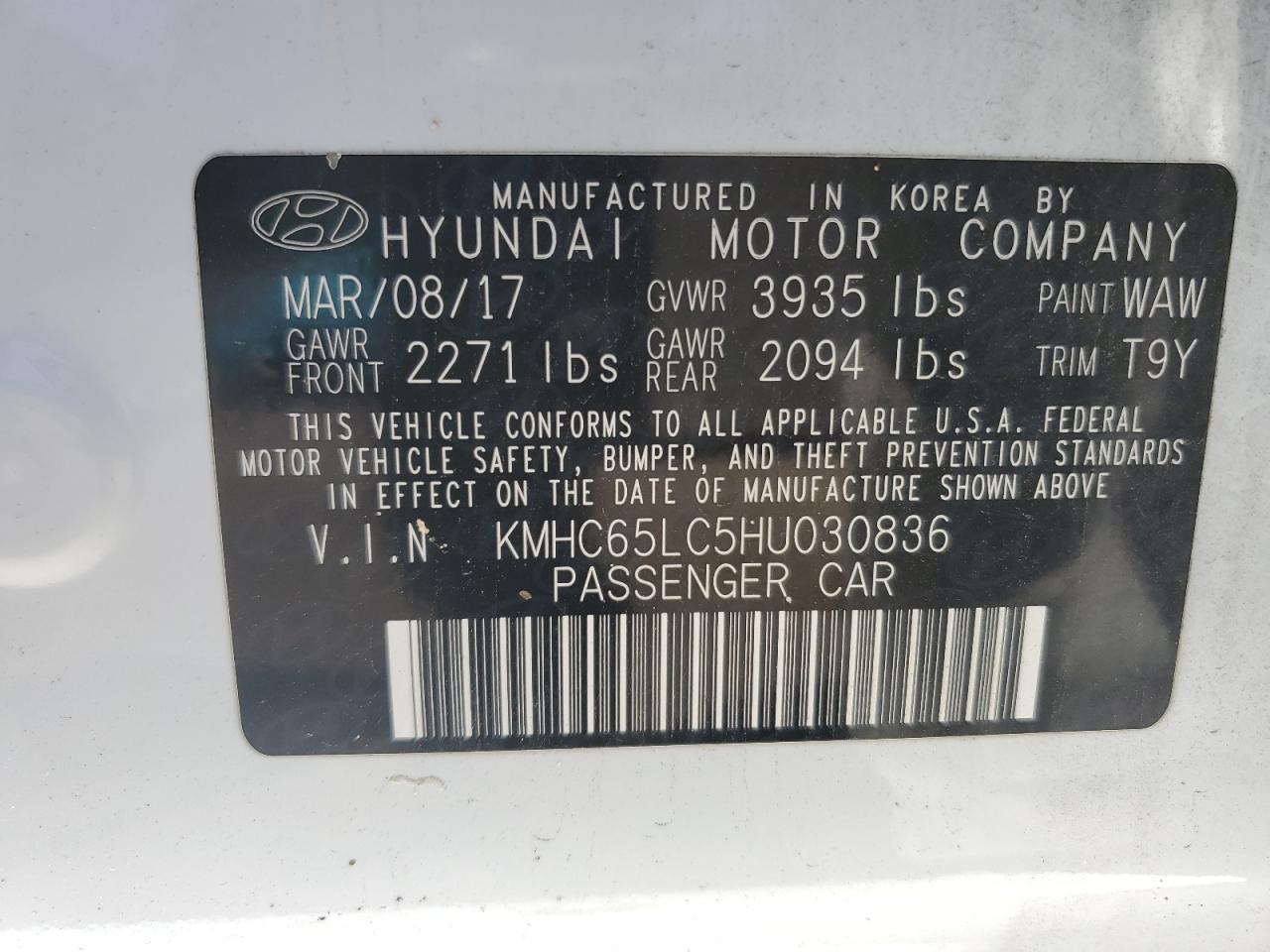 KMHC65LC5HU030836 2017 Hyundai Ioniq Blue