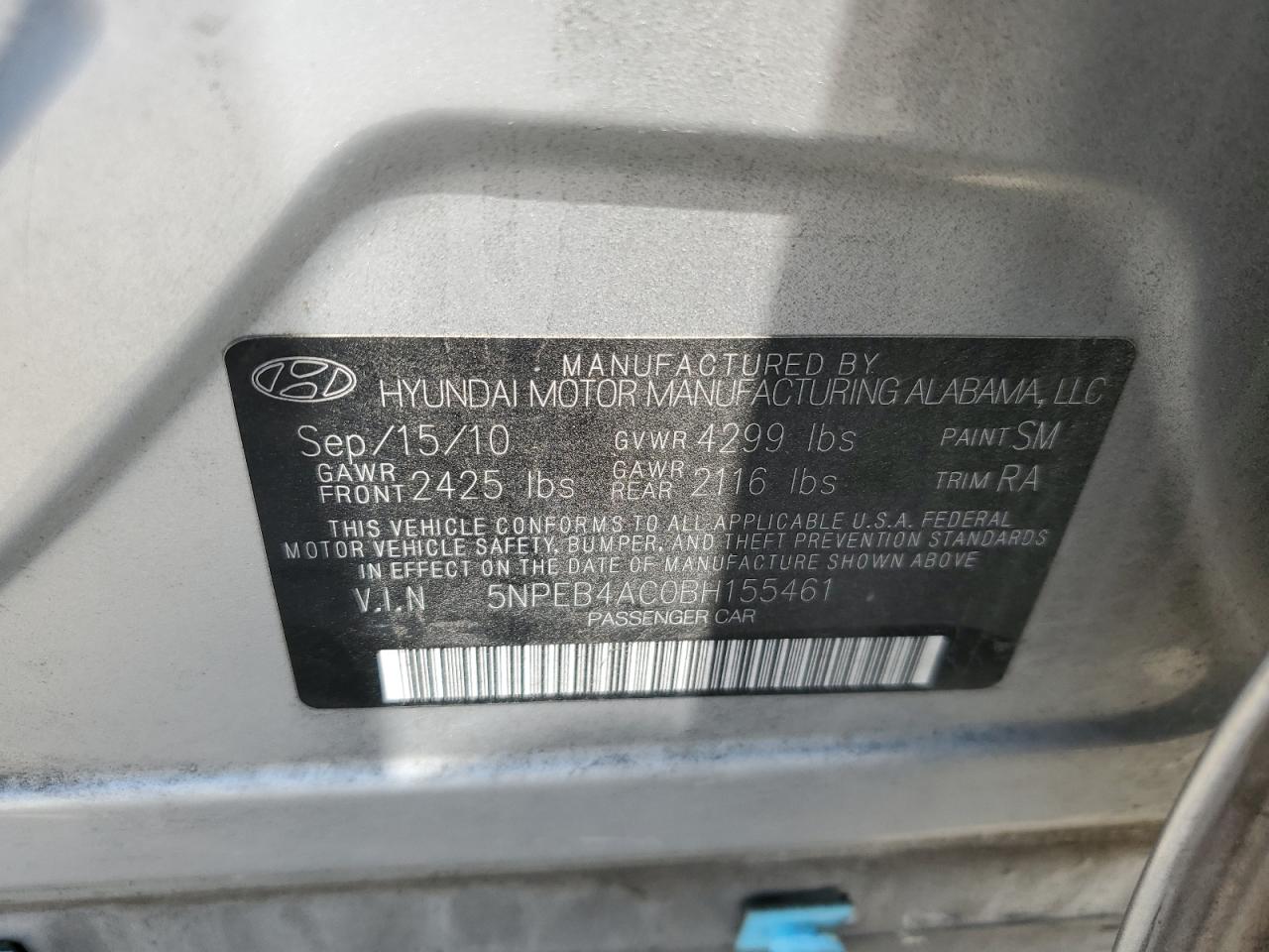 5NPEB4AC0BH155461 2011 Hyundai Sonata Gls