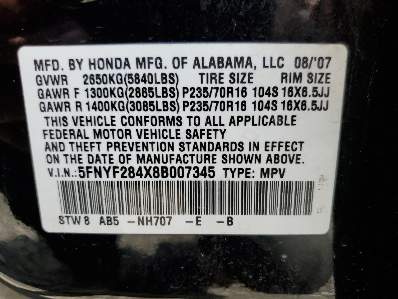 5FNYF284X8B007345 2008 Honda Pilot Ex