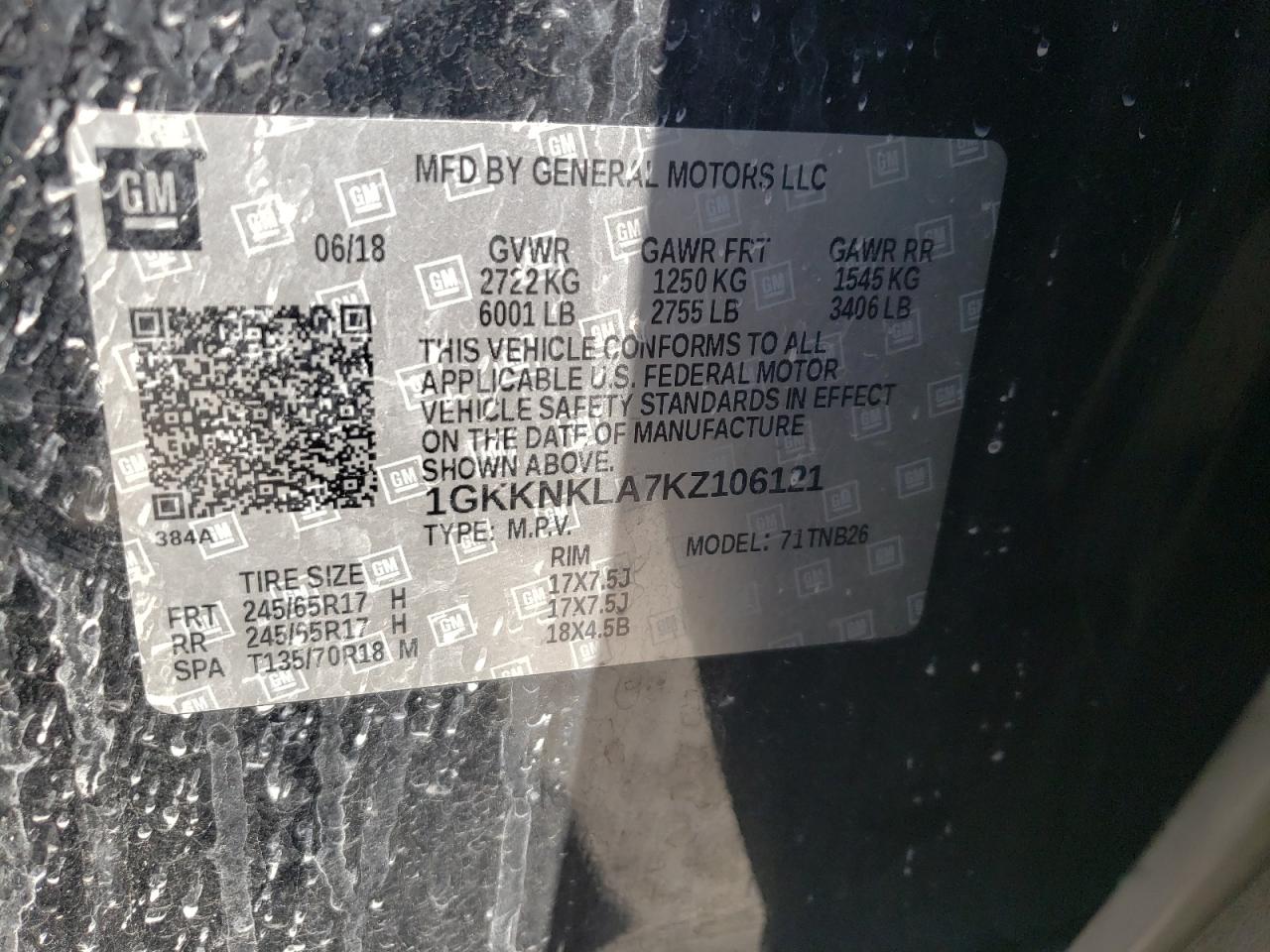 1GKKNKLA7KZ106121 2019 GMC Acadia Sle