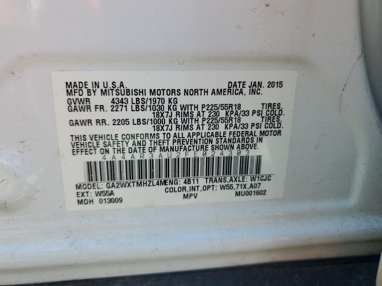 4A4AR3AU2FE024303 2015 Mitsubishi Outlander Sport Es