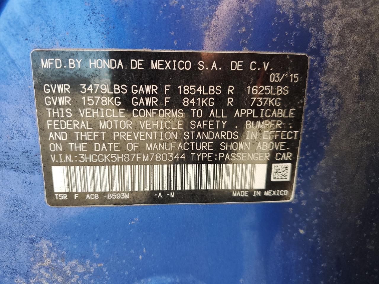 3HGGK5H87FM780344 2015 Honda Fit Ex