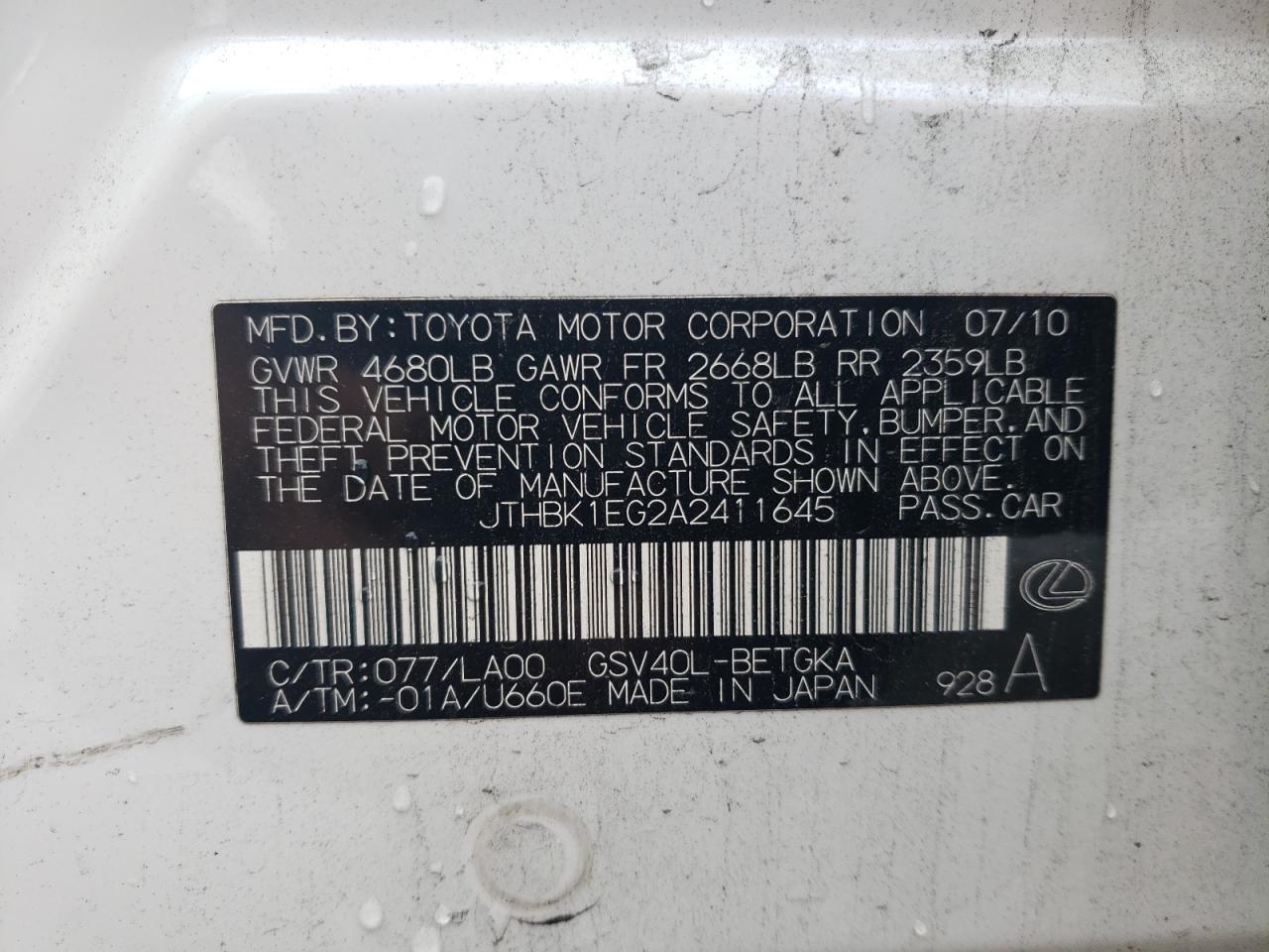 JTHBK1EG2A2411645 2010 Lexus Es 350