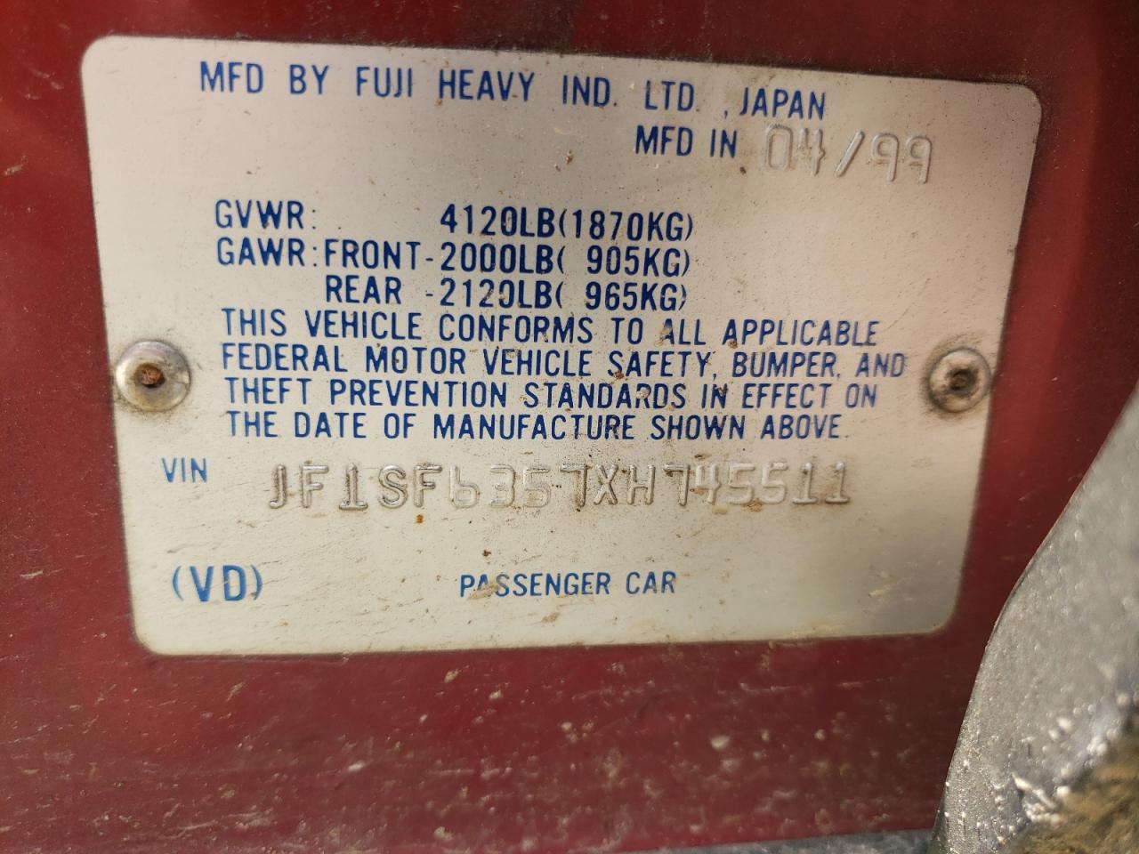 JF1SF6357XH745511 1999 Subaru Forester L