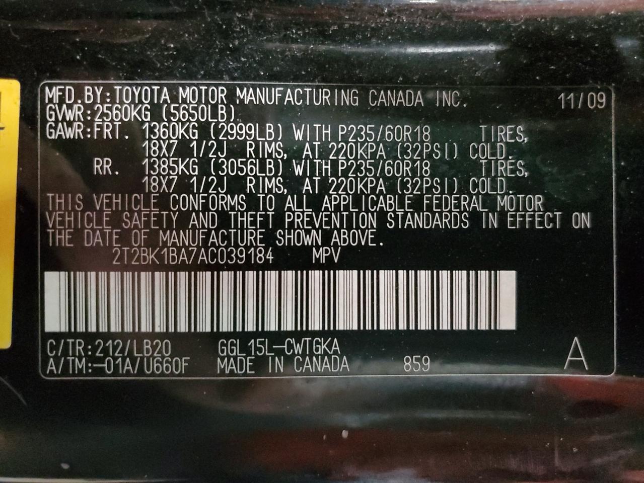 2T2BK1BA7AC039184 2010 Lexus Rx 350