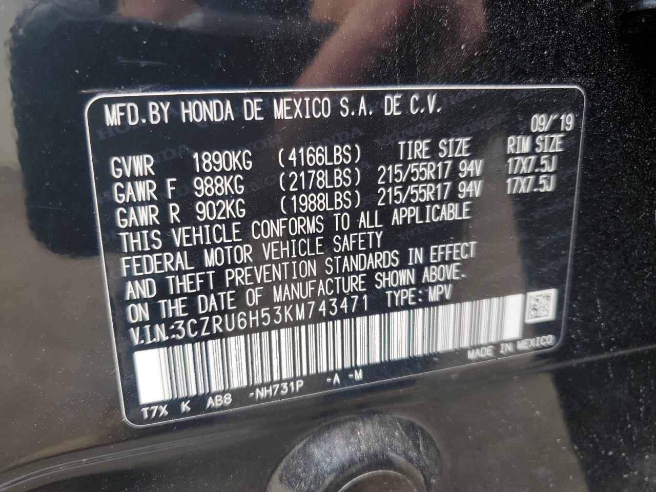 3CZRU6H53KM743471 2019 Honda Hr-V Ex