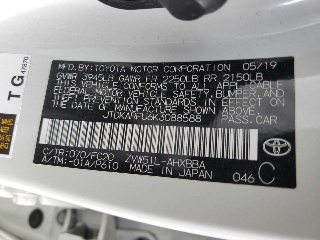 JTDKARFU6K3088588 2019 Toyota Prius