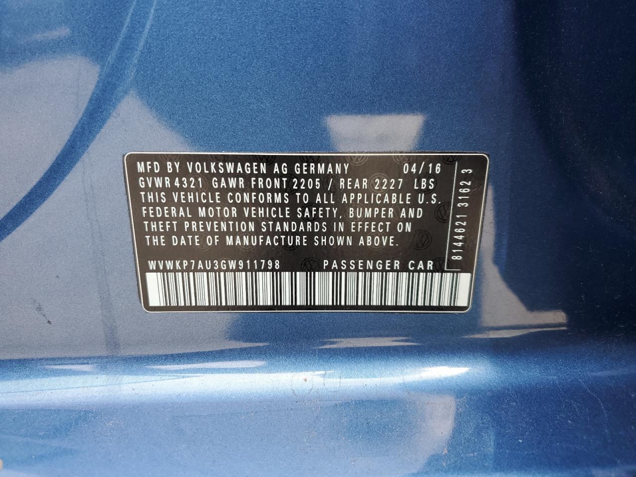 WVWKP7AU3GW911798 2016 Volkswagen E-Golf Se