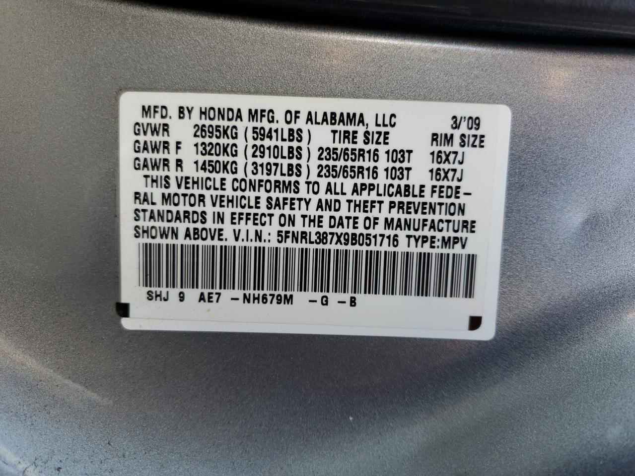 5FNRL387X9B051716 2009 Honda Odyssey Exl