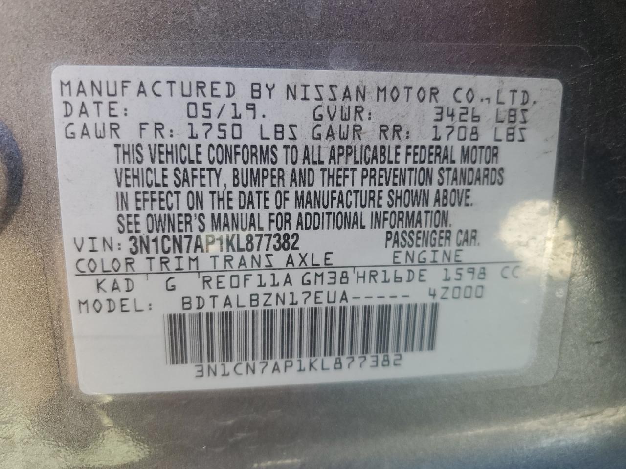 3N1CN7AP1KL877382 2019 Nissan Versa S