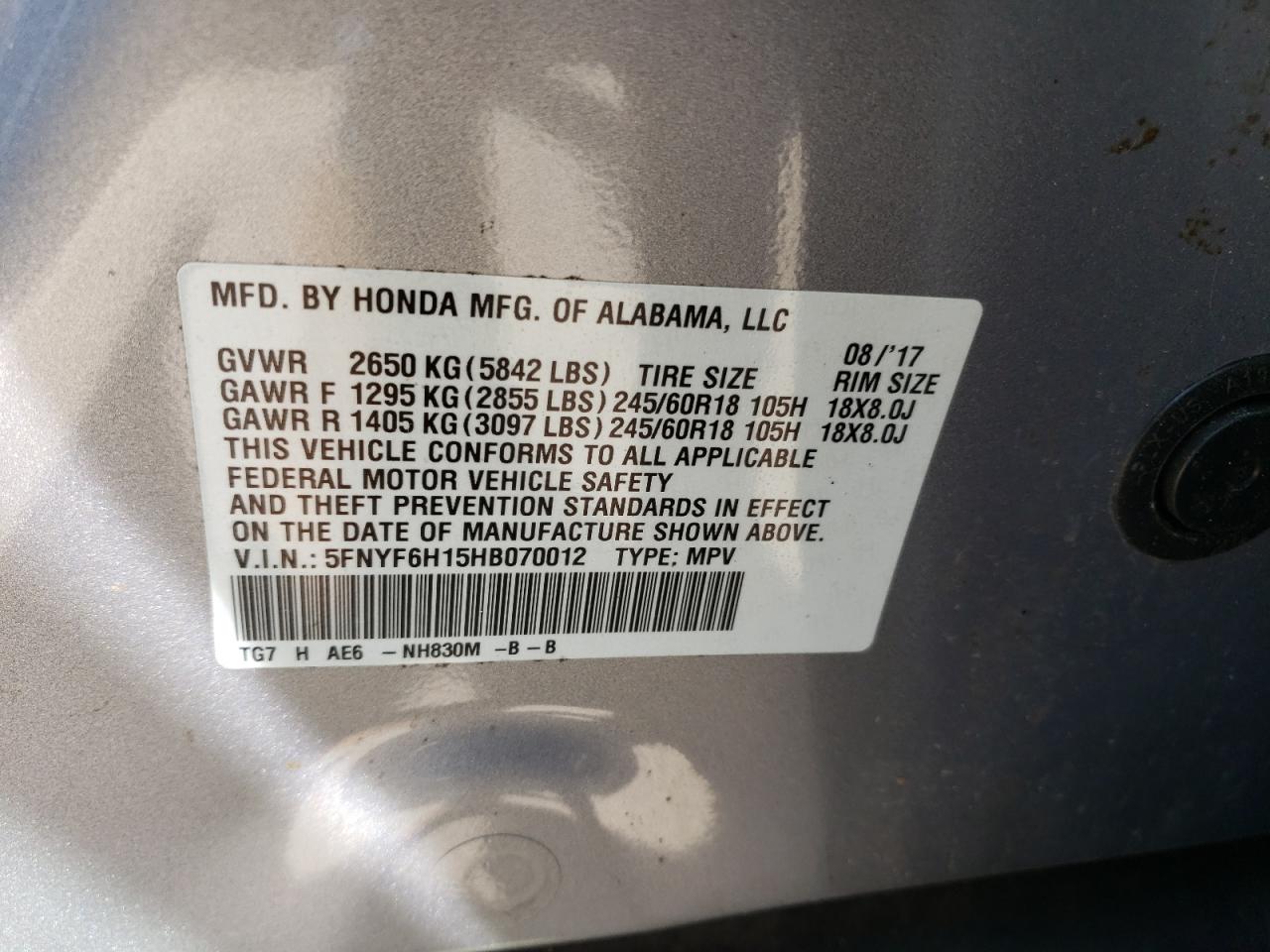 5FNYF6H15HB070012 2017 Honda Pilot Lx