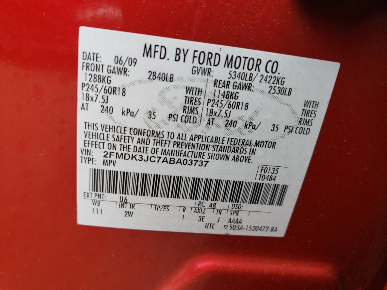 2FMDK3JC7ABA03737 2010 Ford Edge Sel