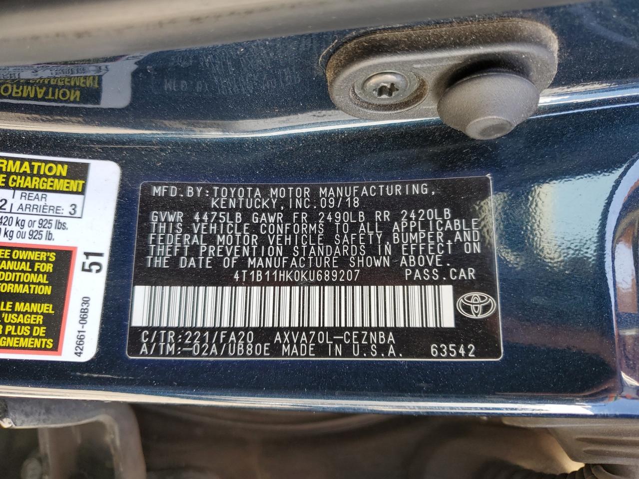 4T1B11HK0KU689207 TOYOTA CAMRY 2019