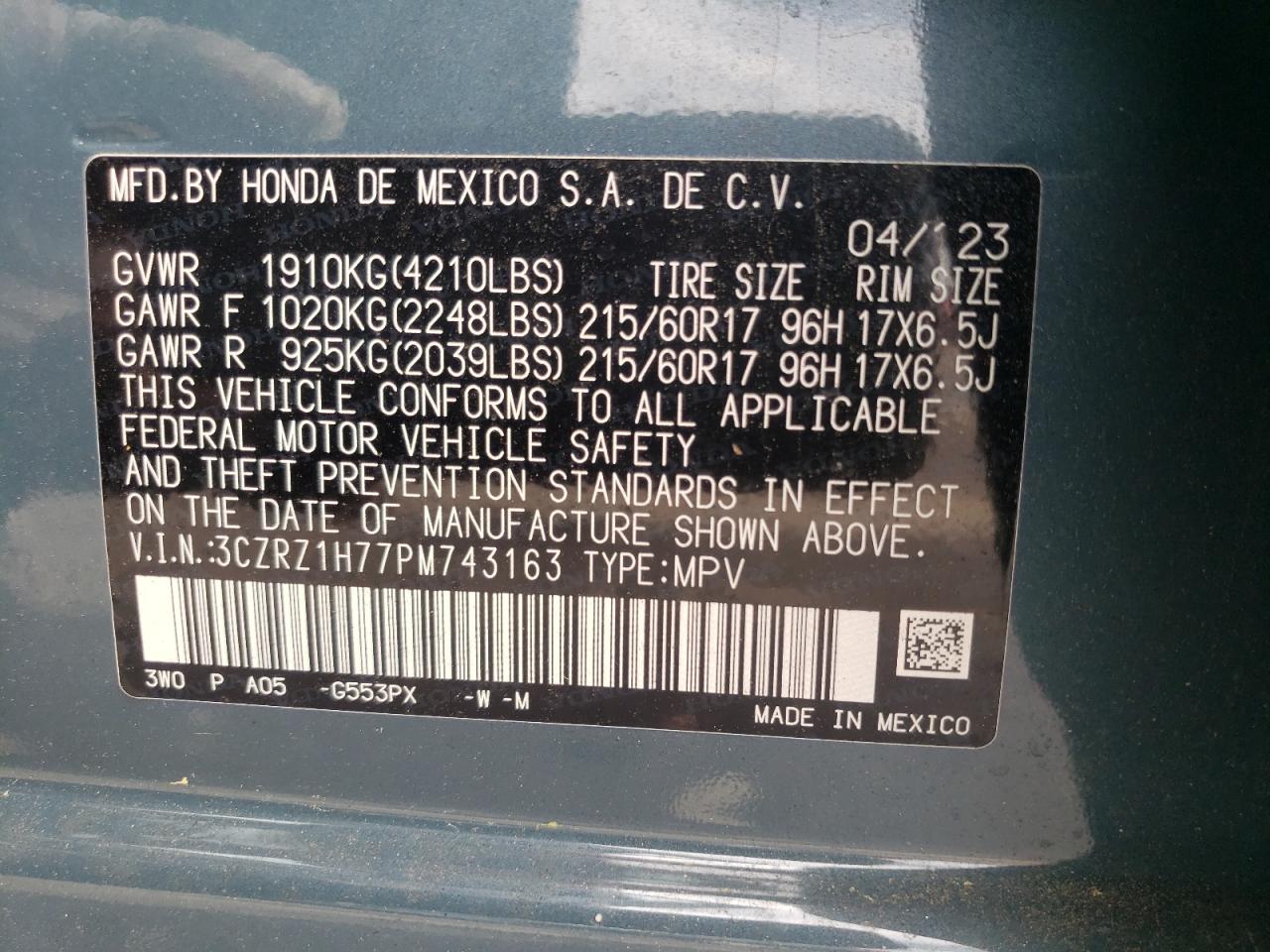 3CZRZ1H77PM743163 2023 Honda Hr-V Exl