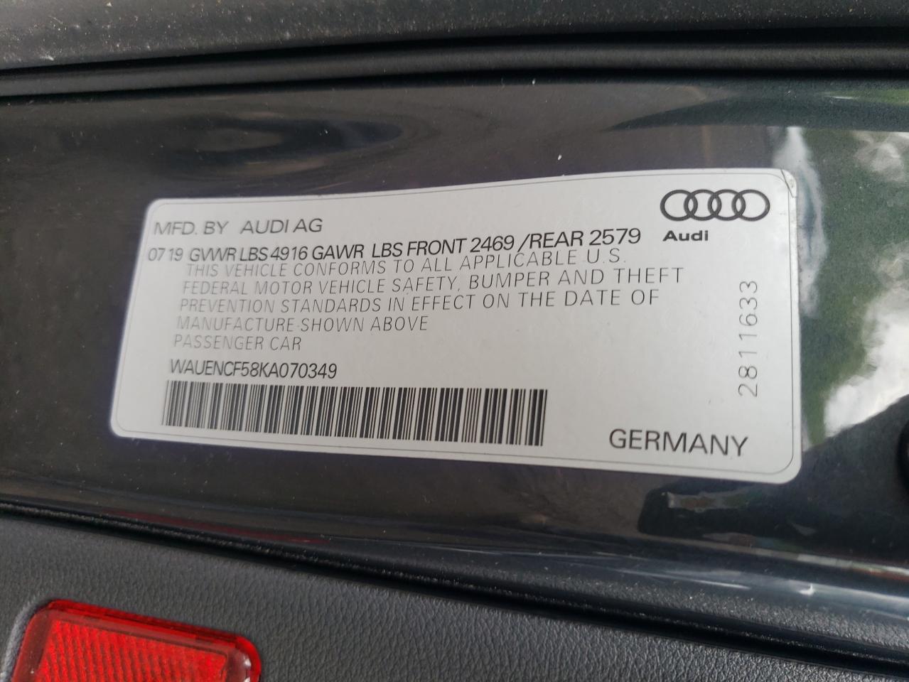 WAUENCF58KA070349 2019 Audi A5 Premium Plus S-Line