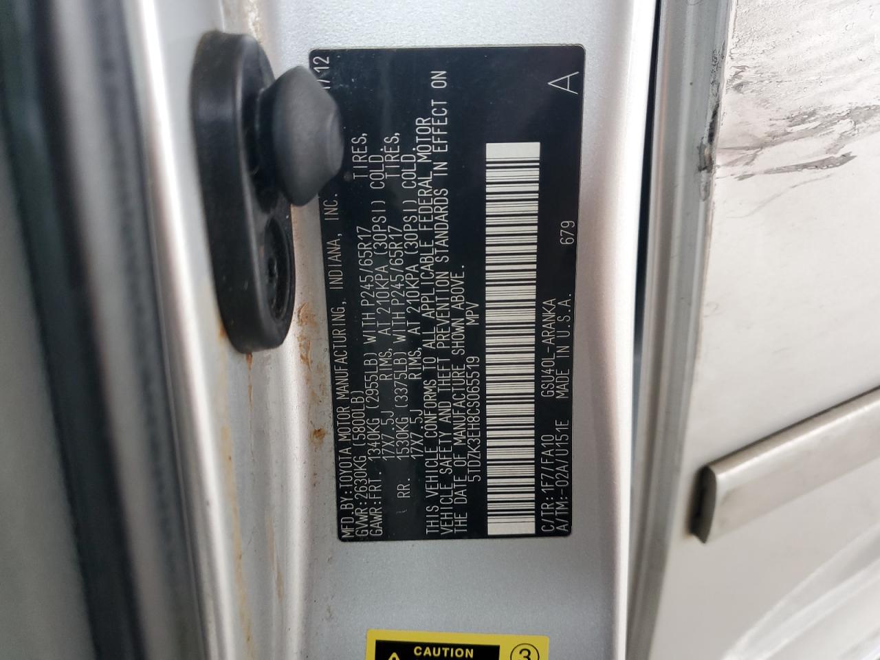 5TDZK3EH8CS065519 2012 Toyota Highlander Base