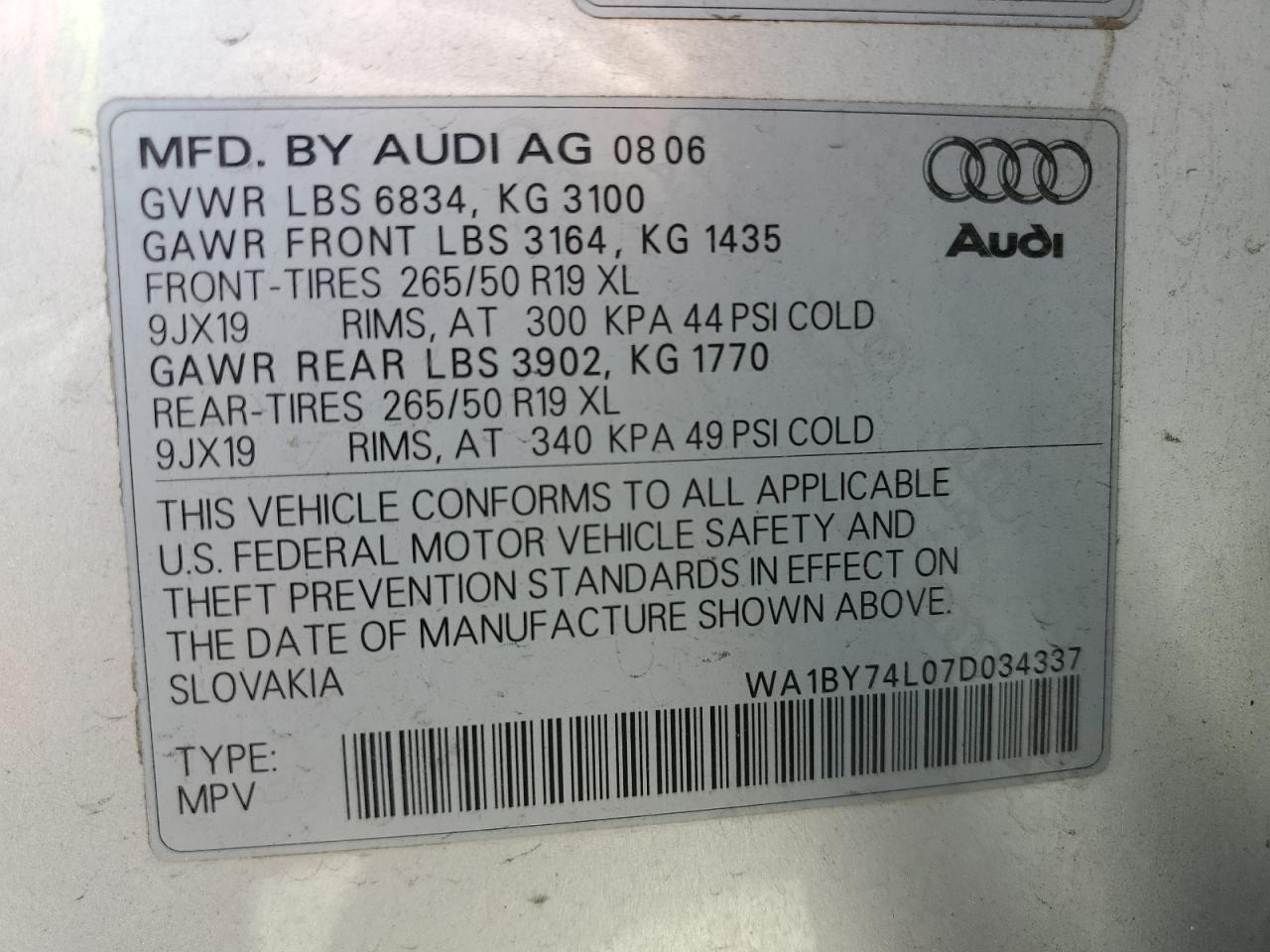 WA1BY74L07D034337 2007 Audi Q7 3.6 Quattro Premium