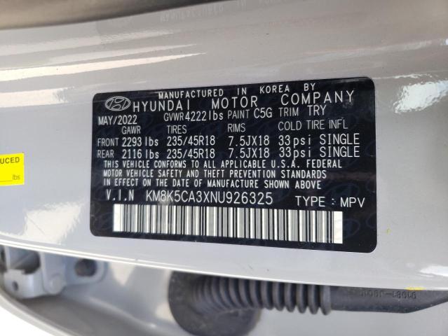 2022 Hyundai Kona Limited VIN: KM8K5CA3XNU926325 Lot: 55031664