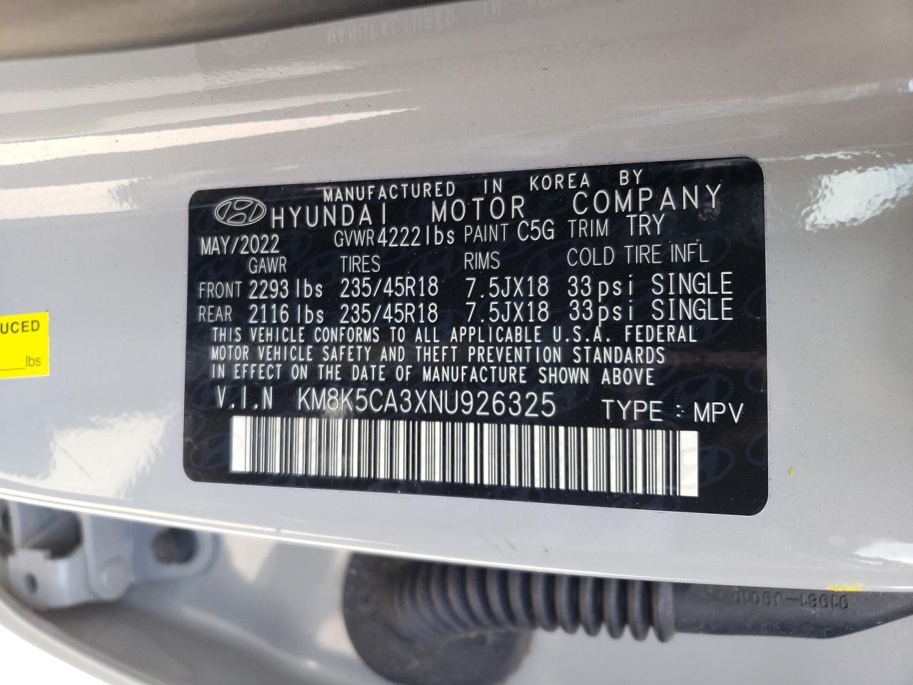 KM8K5CA3XNU926325 2022 Hyundai Kona Limited