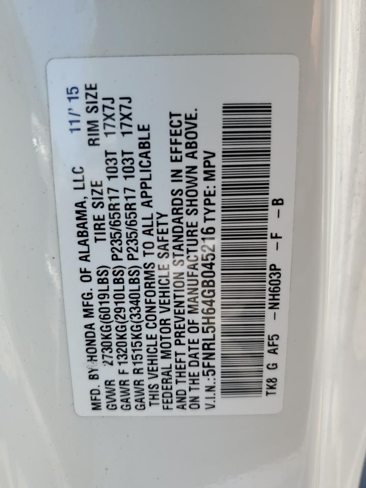 5FNRL5H64GB045216 2016 Honda Odyssey Exl