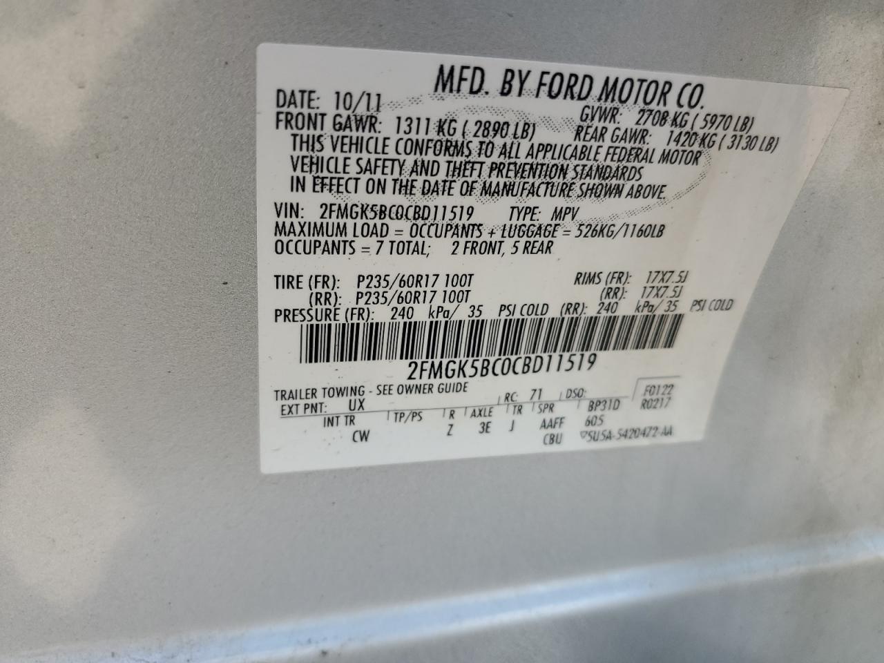 2FMGK5BC0CBD11519 2012 Ford Flex Se