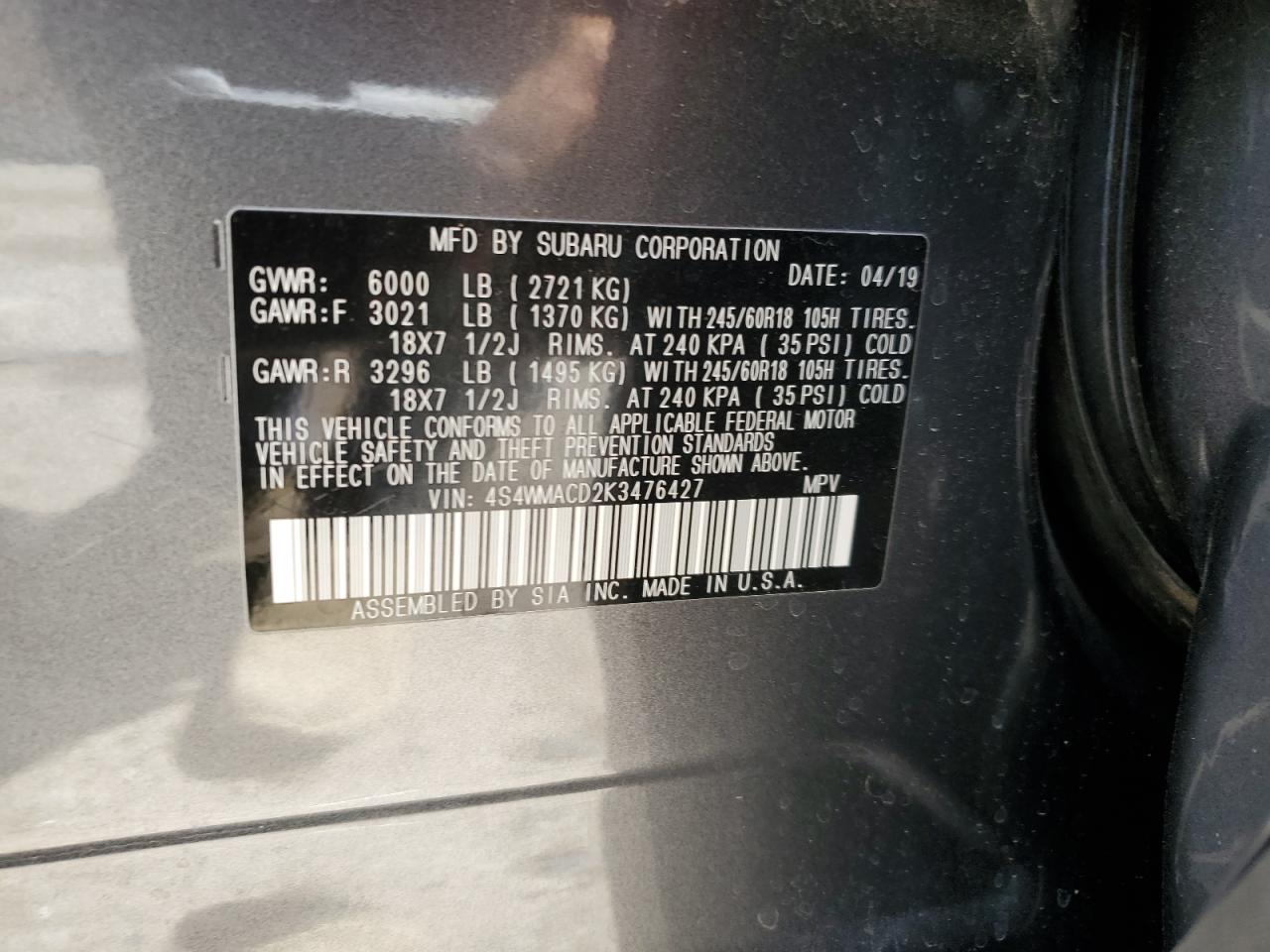 4S4WMACD2K3476427 2019 Subaru Ascent Premium