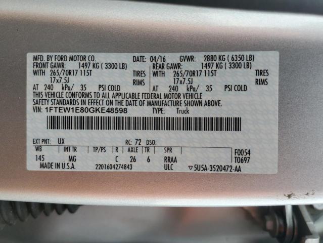 2016 Ford F150 Supercrew VIN: 1FTEW1E80GKE48598 Lot: 56967444