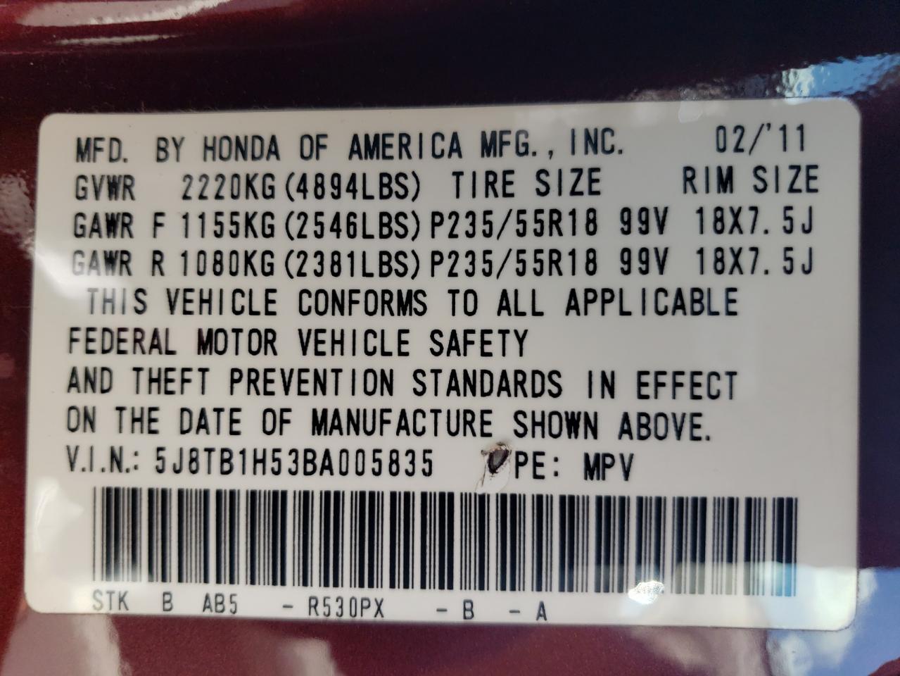 5J8TB1H53BA005835 2011 Acura Rdx Technology