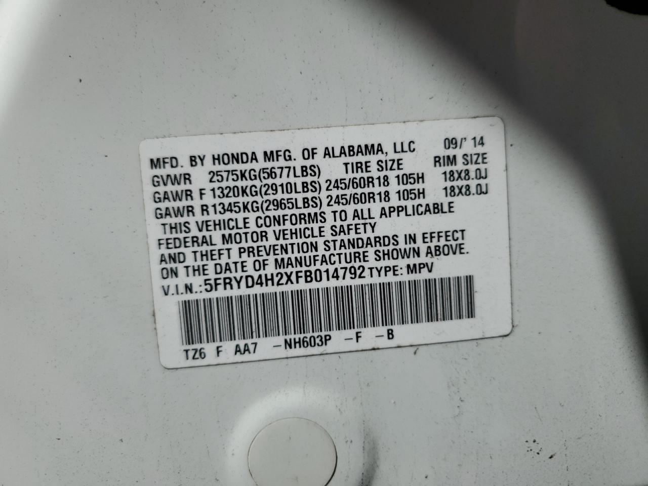 5FRYD4H2XFB014792 2015 Acura Mdx