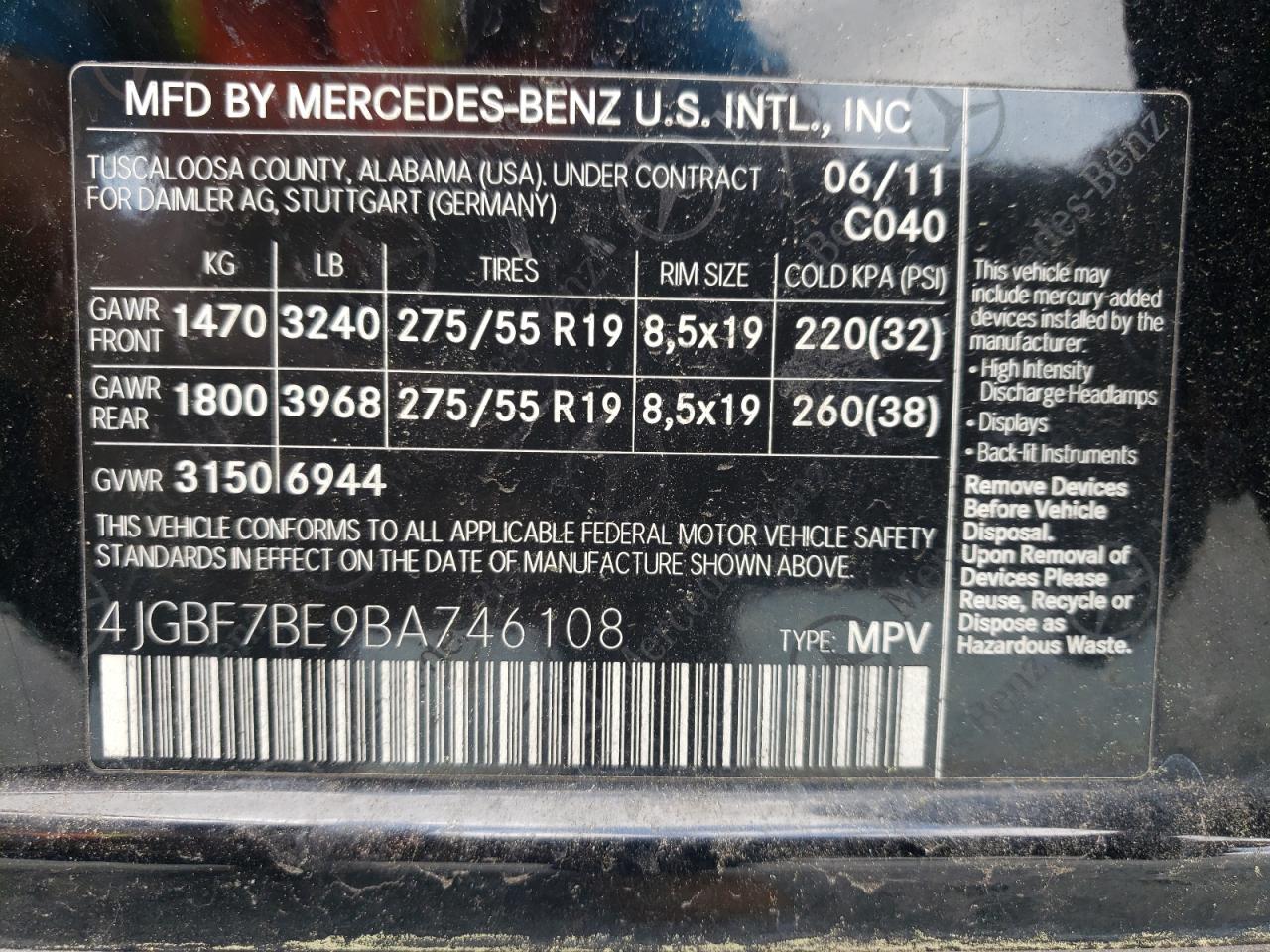 4JGBF7BE9BA746108 2011 Mercedes-Benz Gl 450 4Matic