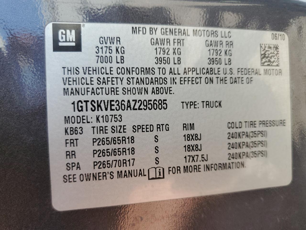 1GTSKVE36AZ295685 2010 GMC Sierra K1500 Sle