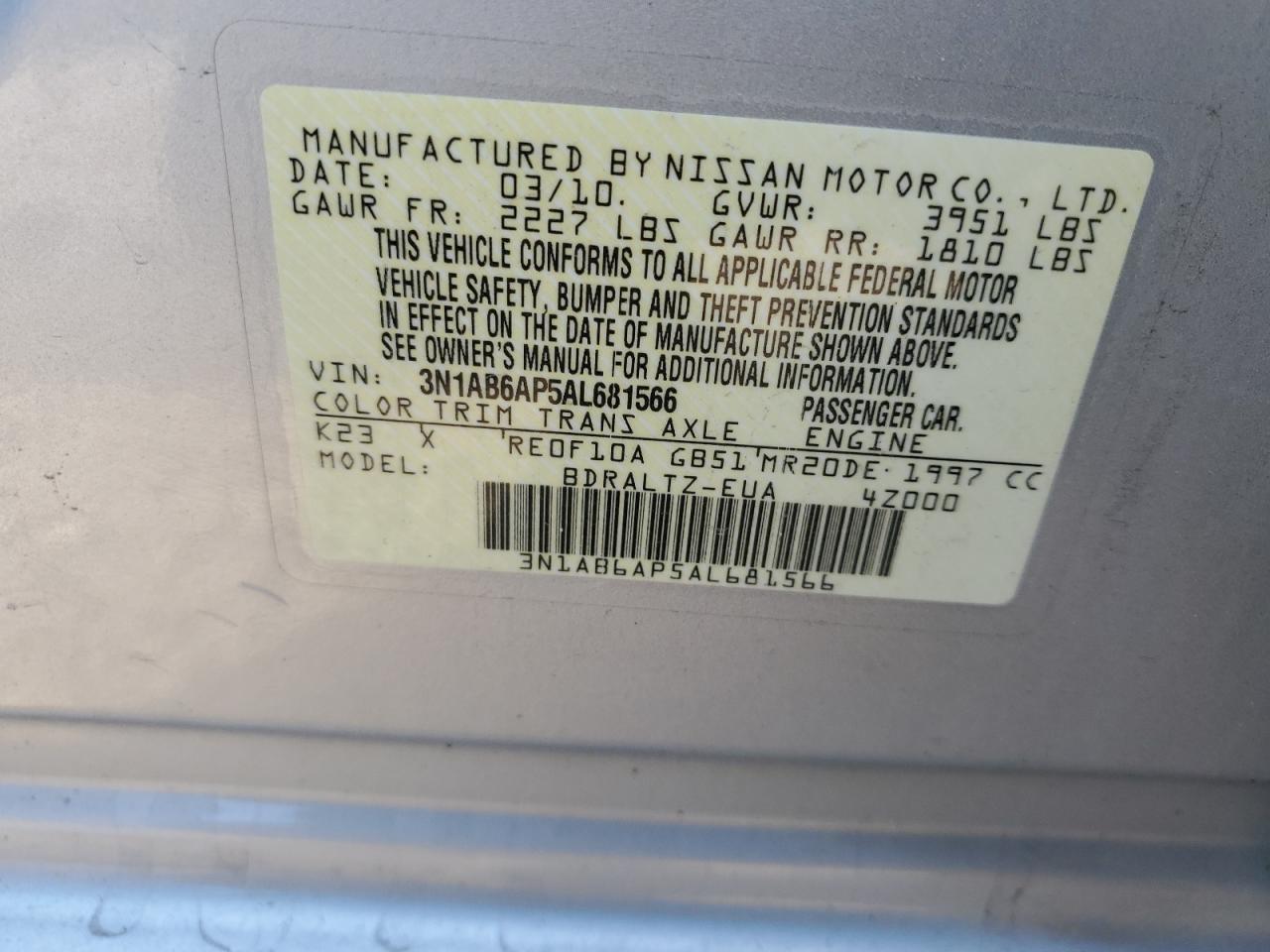 3N1AB6AP5AL681566 2010 Nissan Sentra 2.0